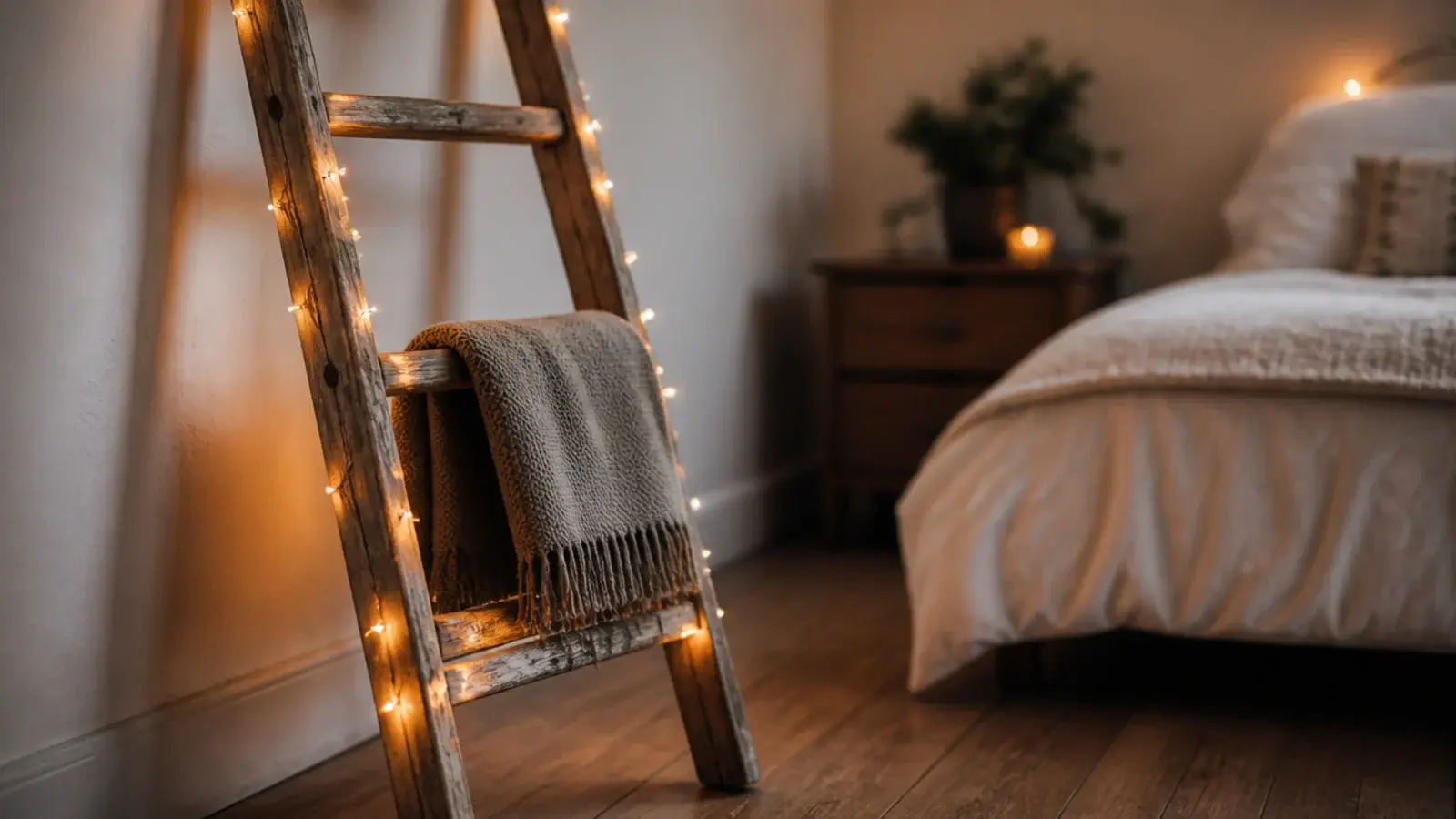 old wooden step ladder leaning on a wall wrapped with warm lights
