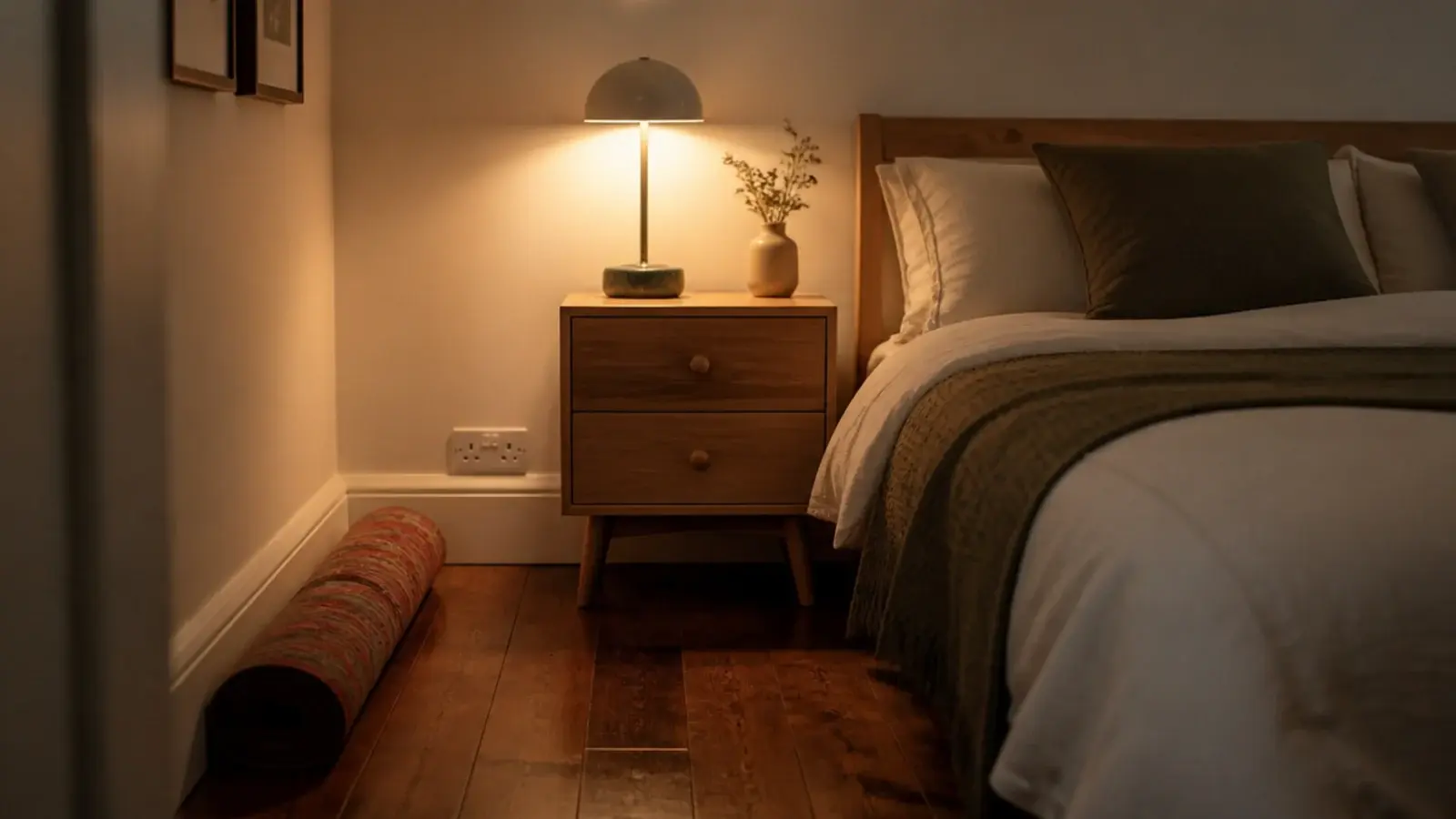 bed repositioned against the wall holding the only power socket