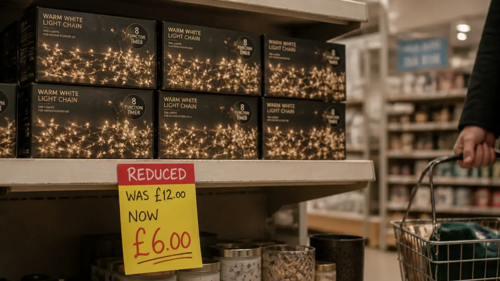 discounted boxes of warm string lights stacked on a clearance shelf