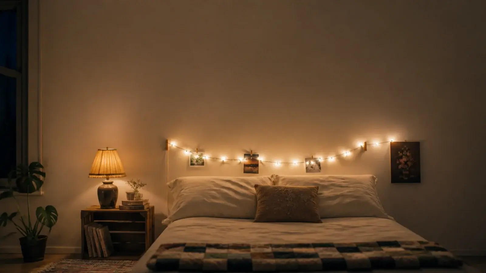 tall budget bedroom view with cheap warm fairy lights over a plain bed