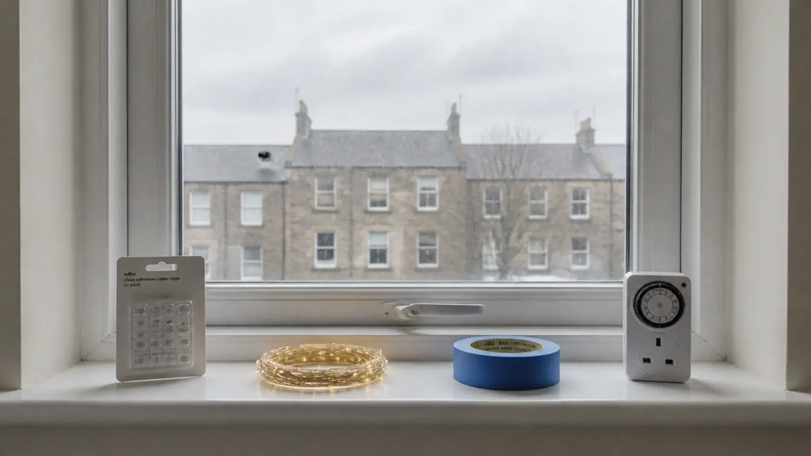 clear adhesive clips and a coiled strand on a rented windowsill