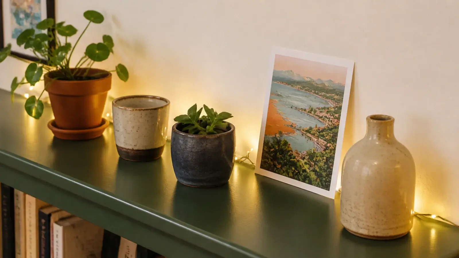 light strand resting along a shelf edge behind small objects