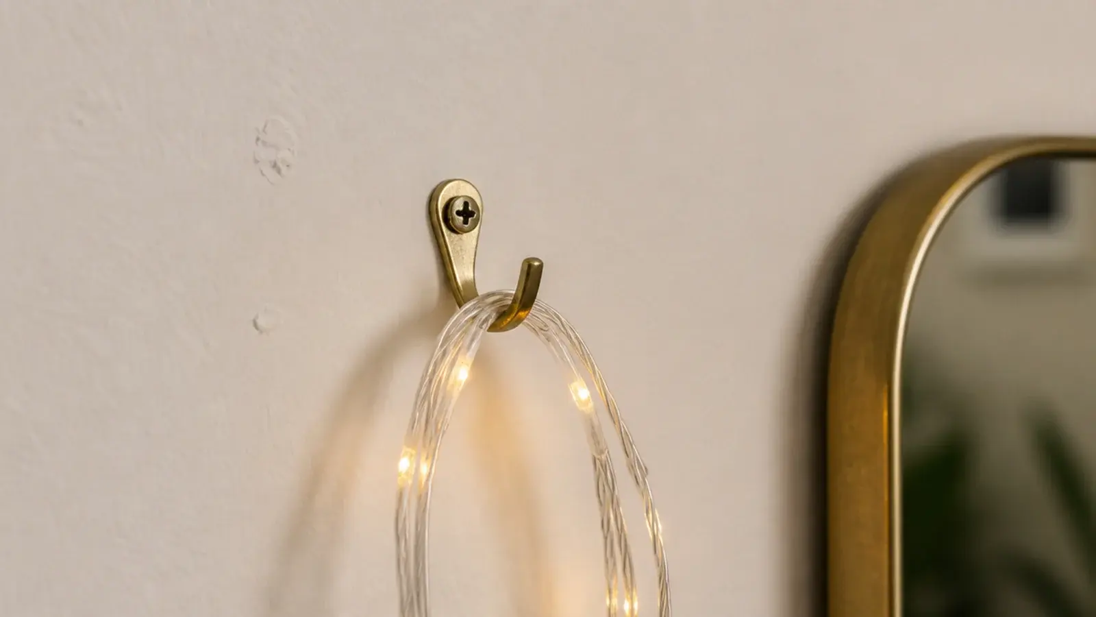 old picture hook in a wall carrying a looped light strand
