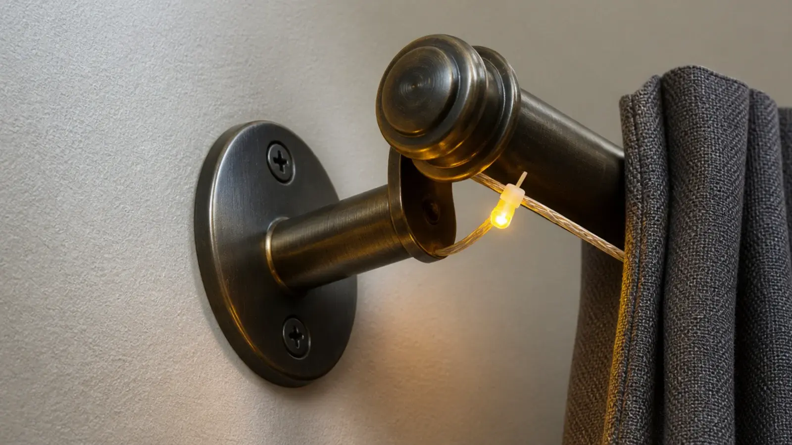 light strand tied to the metal bracket of a curtain pole