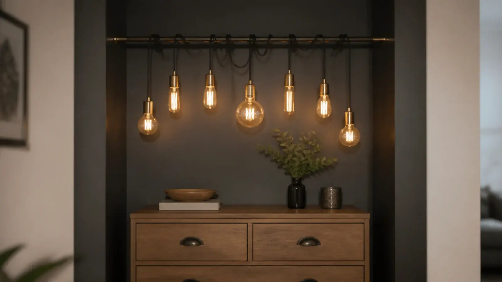 spring tension rod wedged in an alcove holding hanging lights
