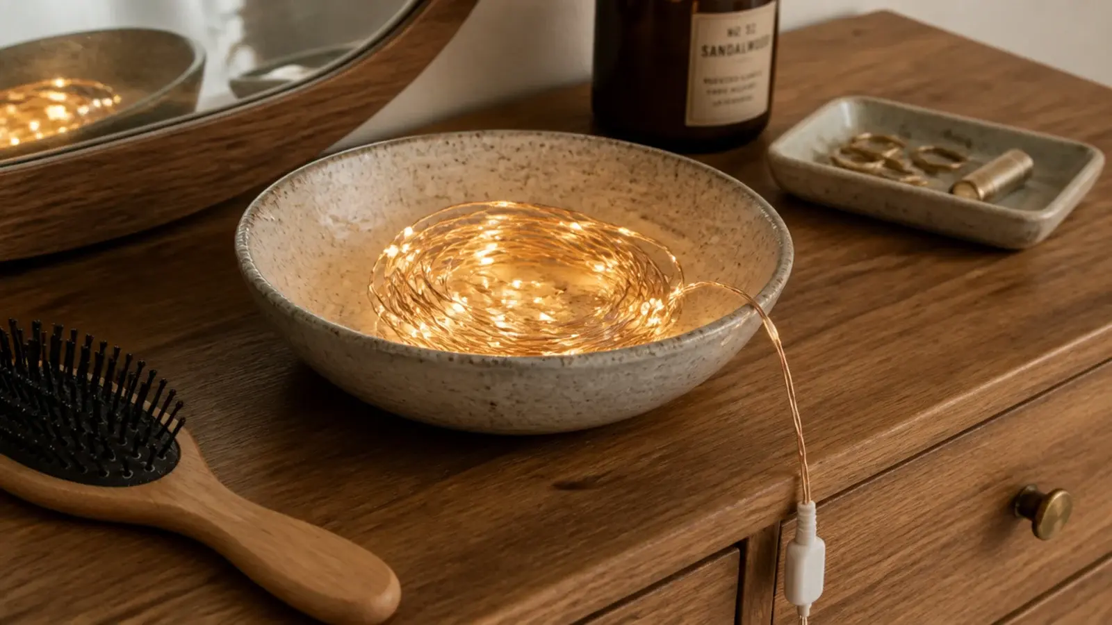 shallow ceramic bowl holding a coiled glowing light strand