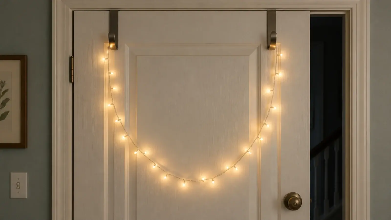 over door hooks holding a light strand above a bedroom door