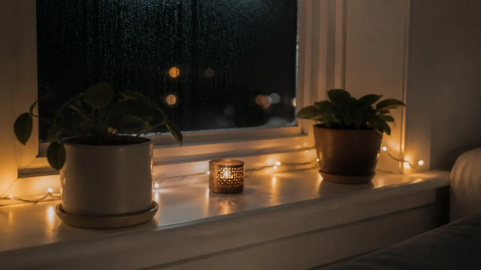 light strand laid along a deep bedroom windowsill at night