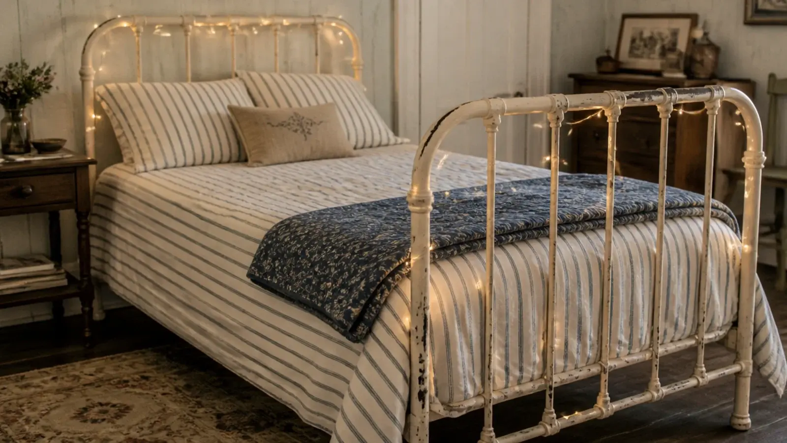 metal headboard bars wound with a fine warm light strand