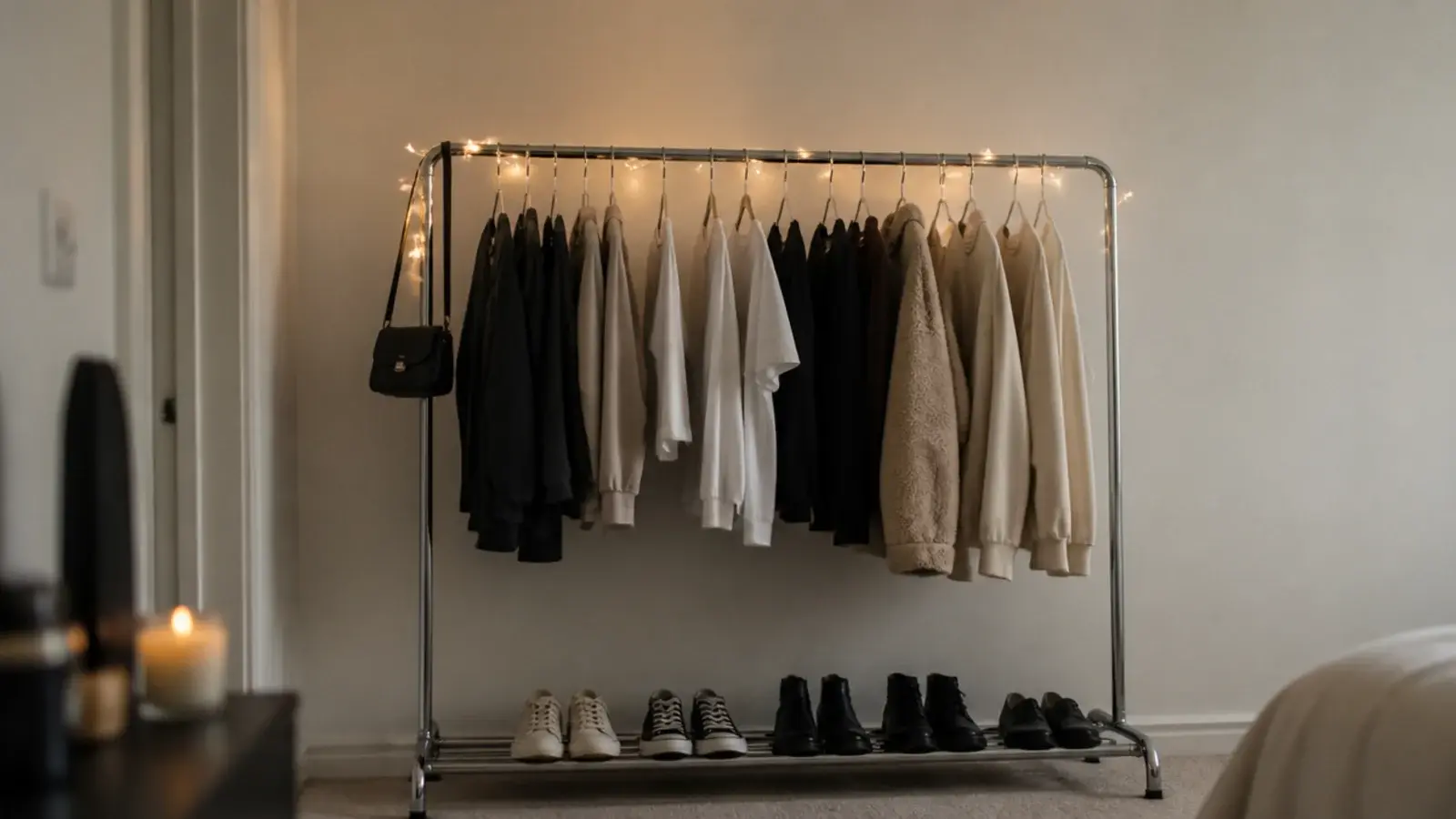 freestanding clothes rail with lights woven along its top bar
