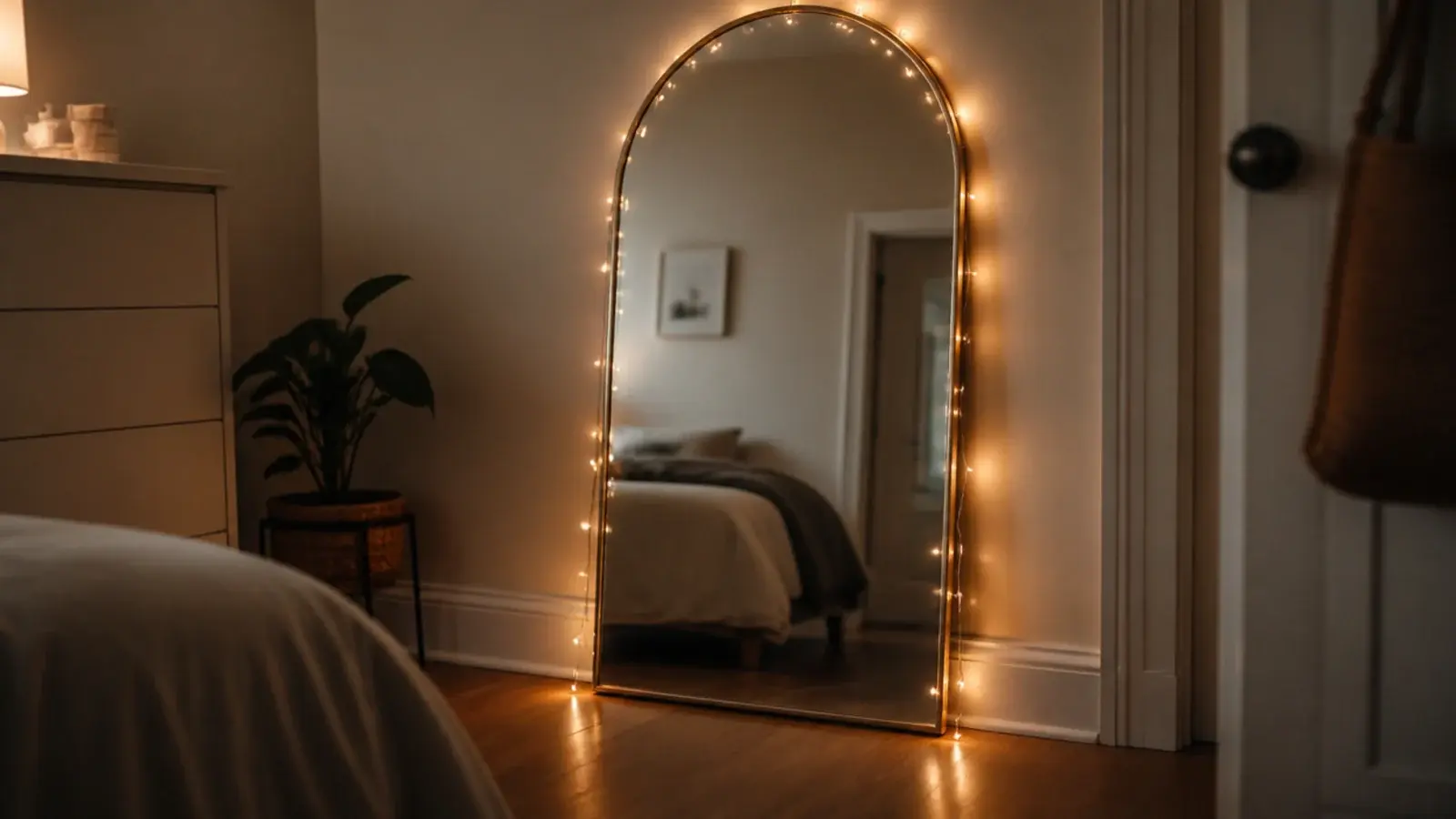 tall floor mirror leaning on a wall edged with warm lights