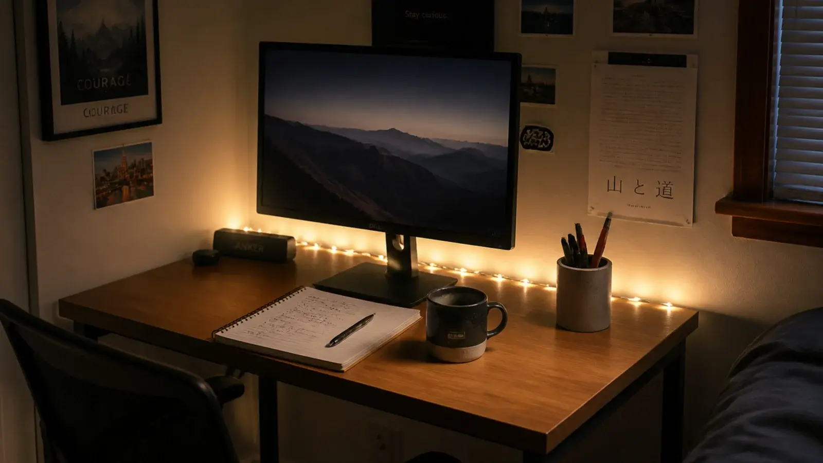 warm lights tucked behind a monitor on a small bedroom desk