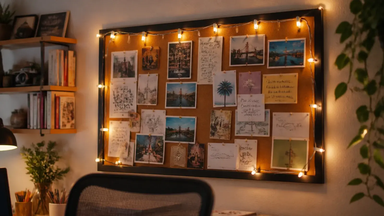corkboard covered with notes and a light strand pinned around it