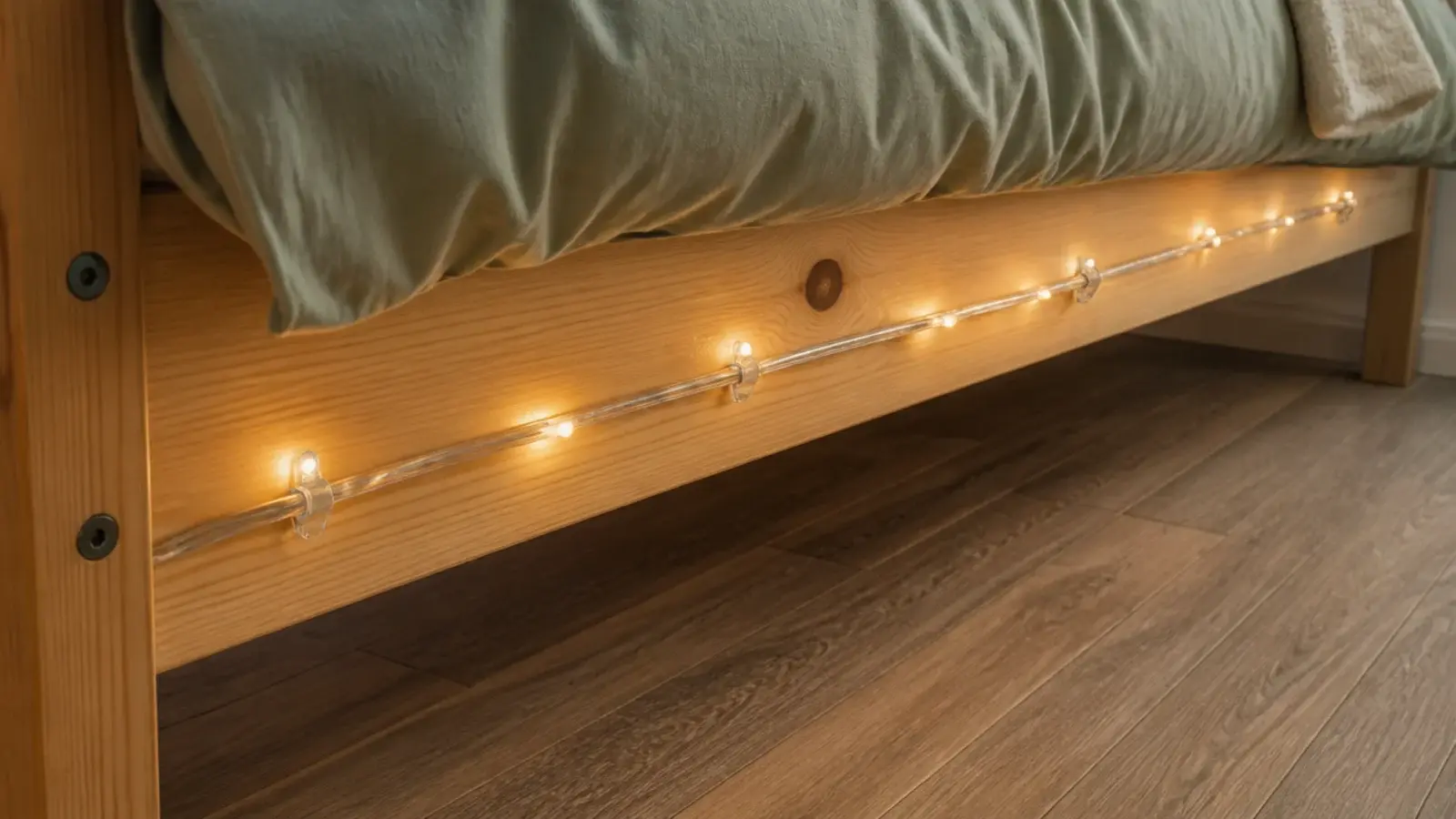 light strand fastened along a wooden bed frame with small ties