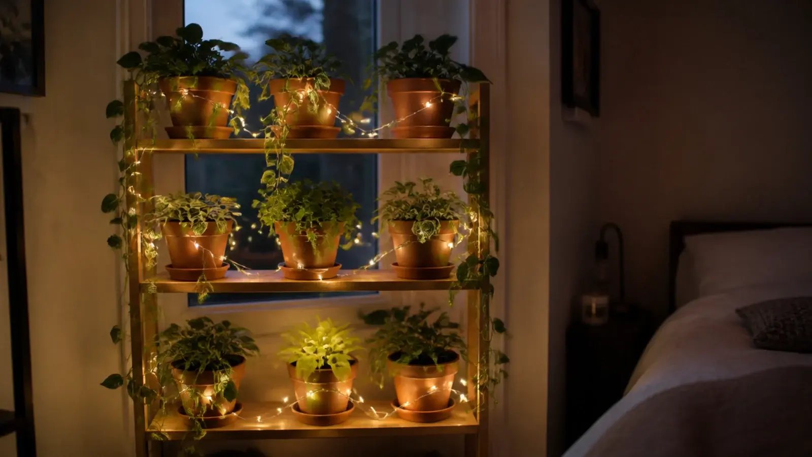 lights draped between potted plants on a shelf unit