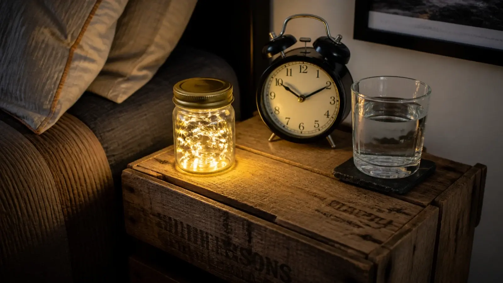 small jam jar of tiny lights glowing on a bedside crate