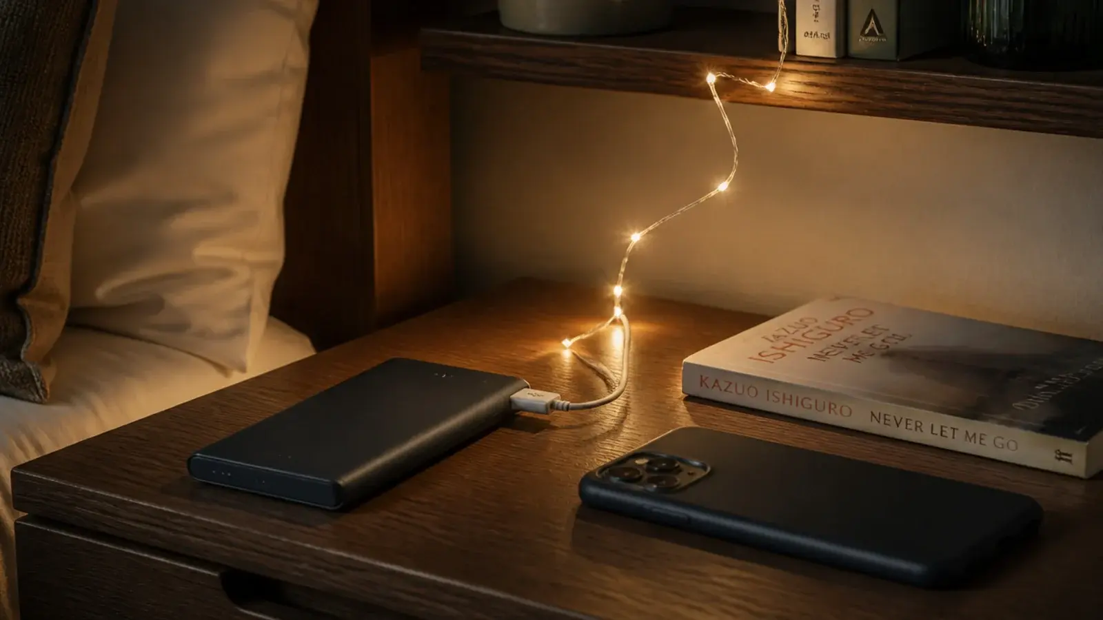 usb light strand plugged into a power bank on a bedside surface