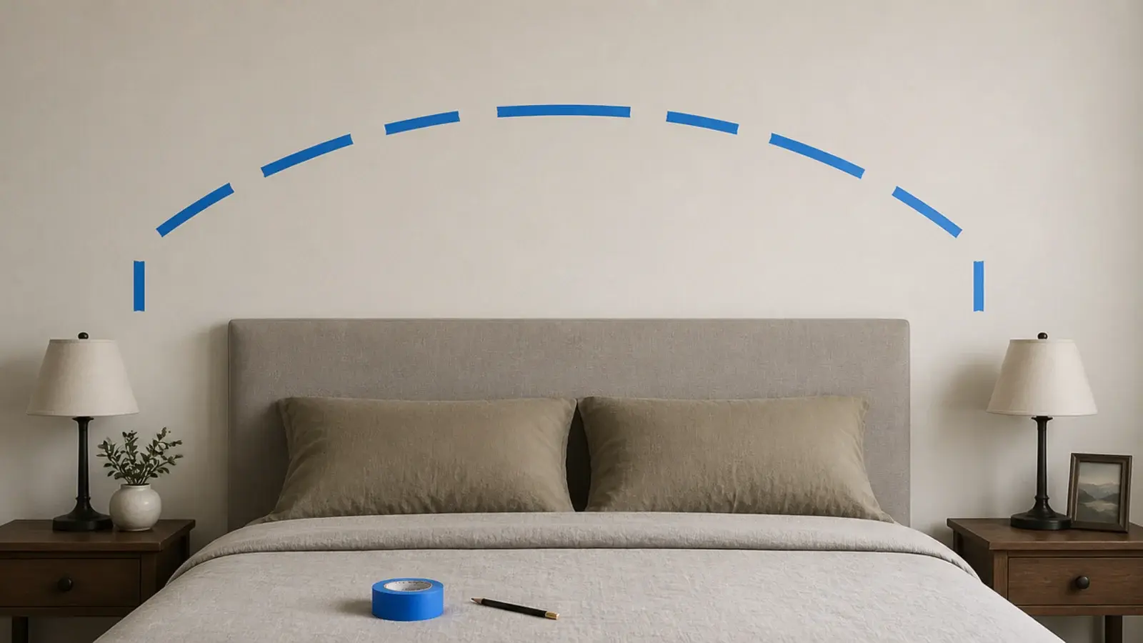 blue painter tape marking a planned light run on a wall