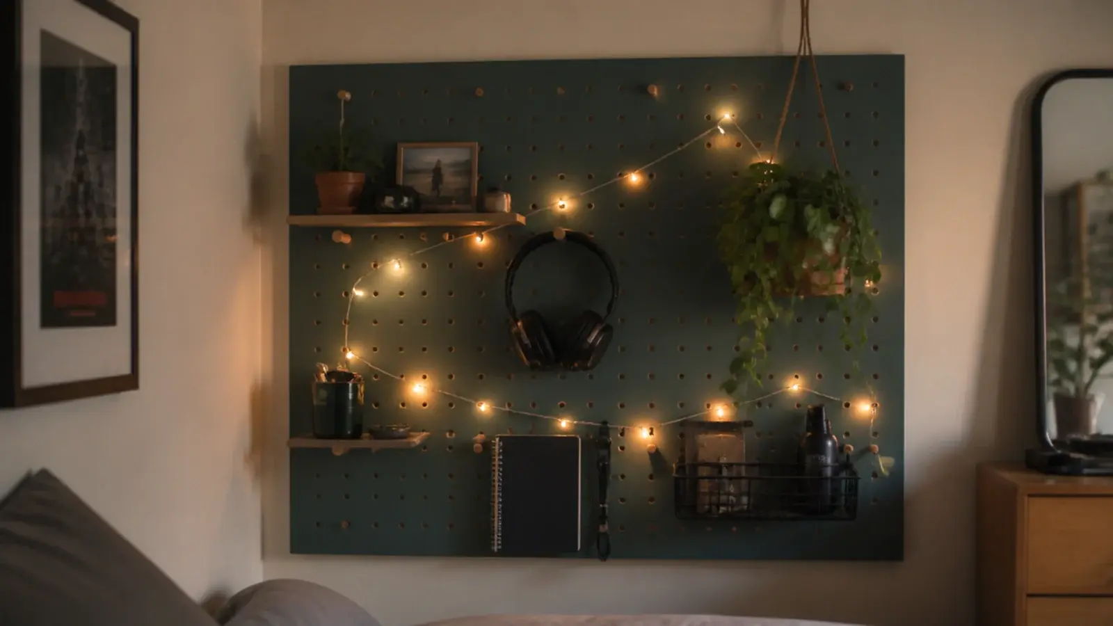 pegboard with hooks and a light strand threaded between them