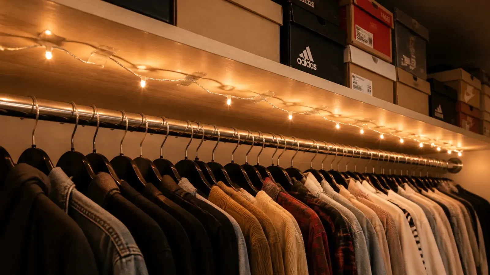 strand taped under a wardrobe shelf lighting the rail below