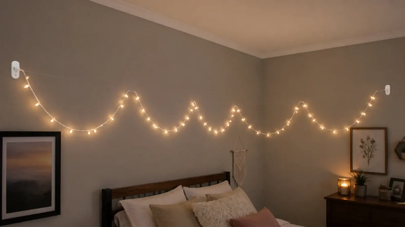 fine clear line strung between hooks carrying a light strand
