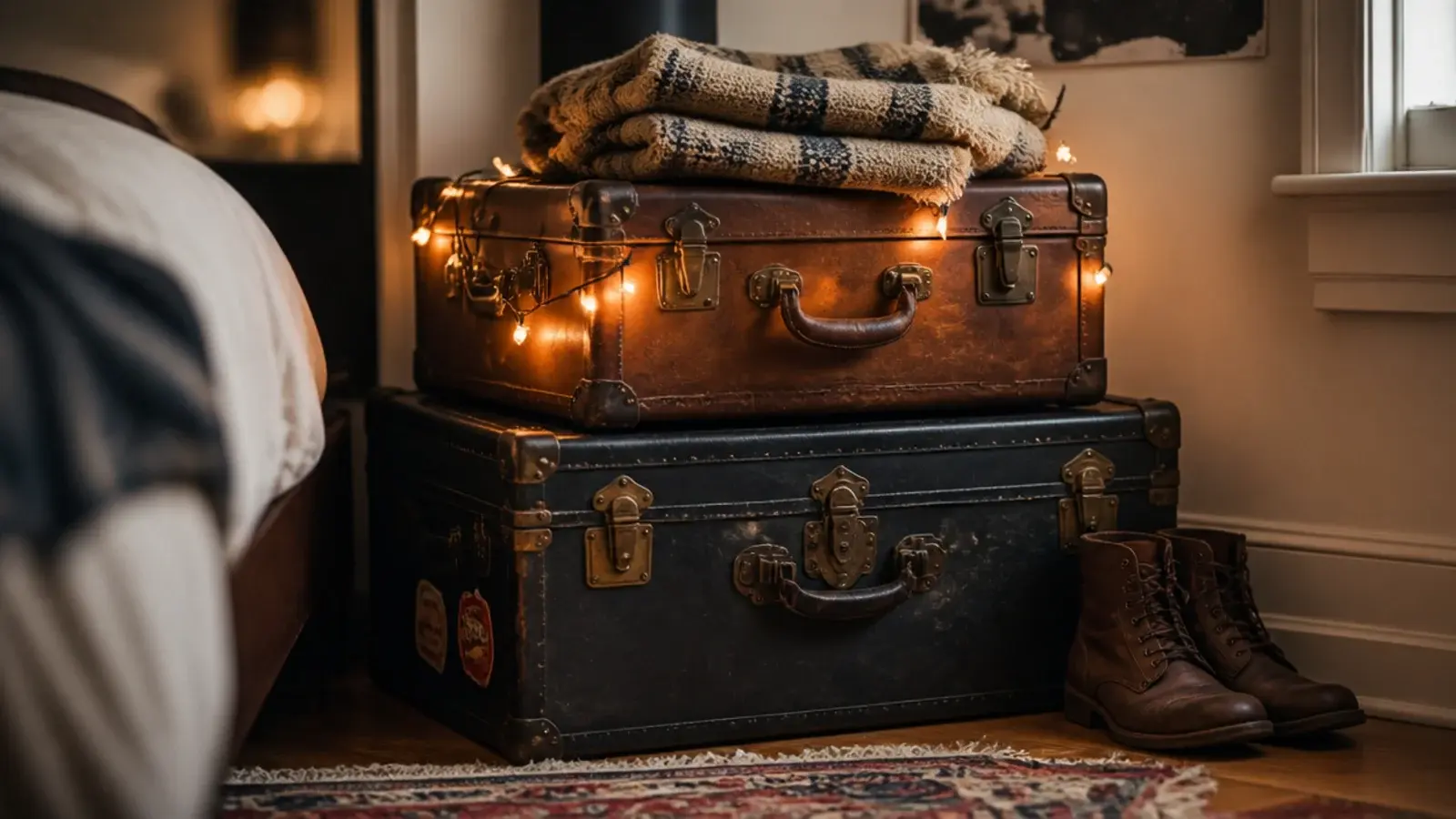 stacked vintage trunks wrapped with a warm light strand