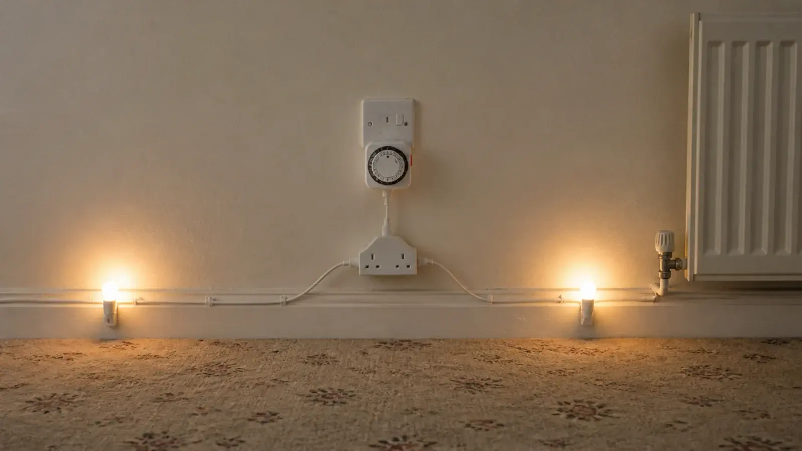 single timer plug feeding two light strands in a rented room