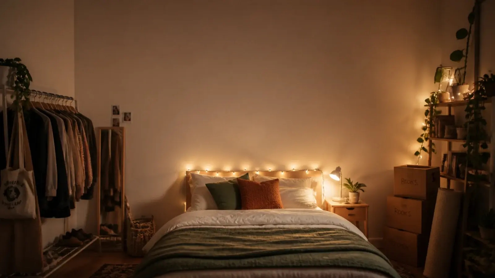 tall rented bedroom view with simple fairy lights and no drilled holes