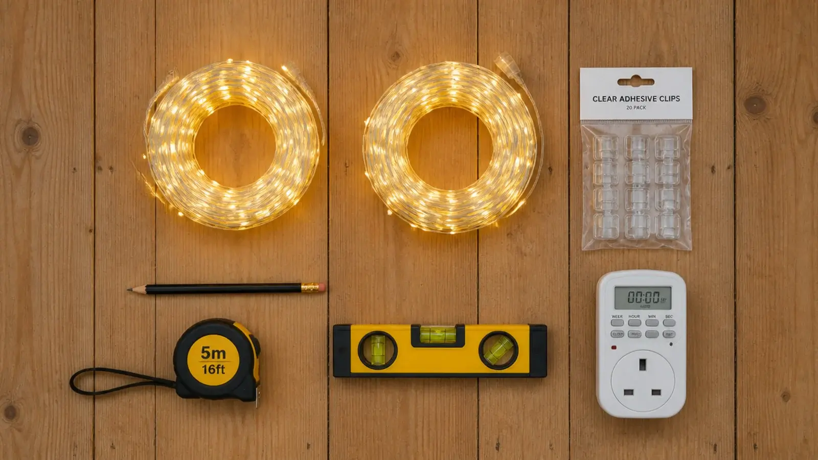 strands clips pencil tape measure and timer laid out on a floor