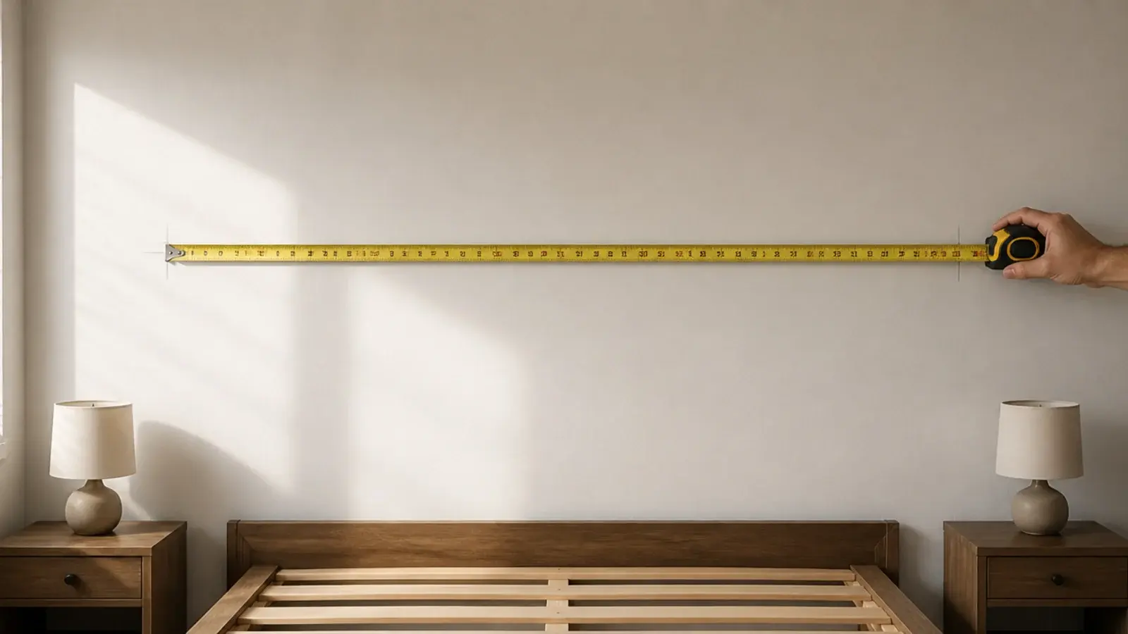 tape measure stretched across a bedroom wall above a bed