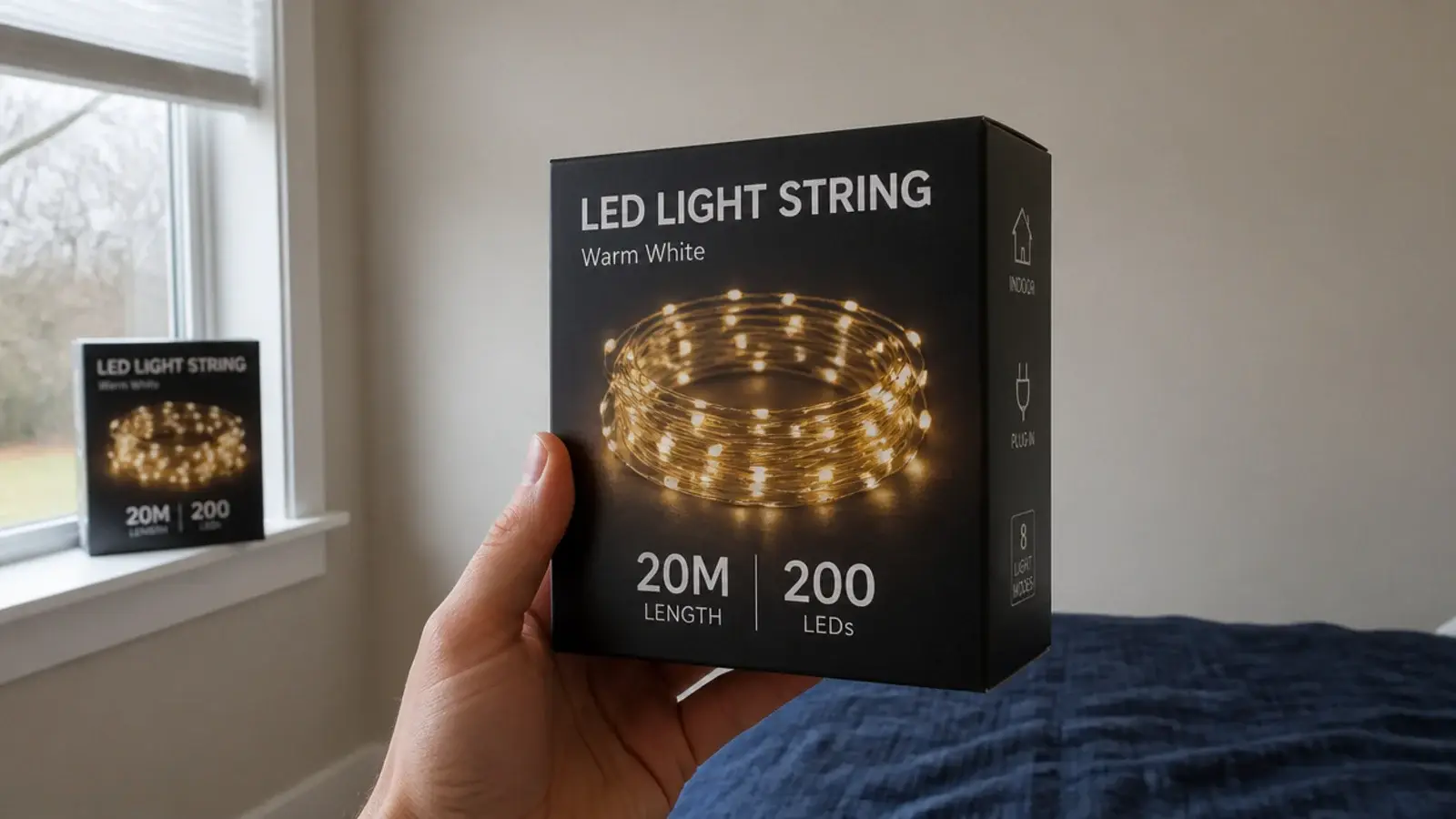 light strand box showing length and LED count held against a wall