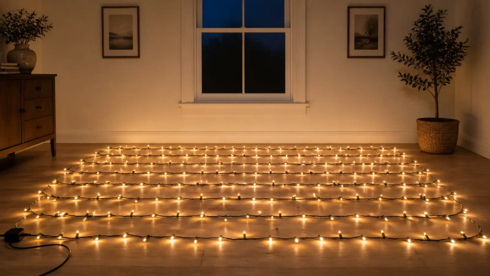full light strand laid out lit in rows on a bedroom floor