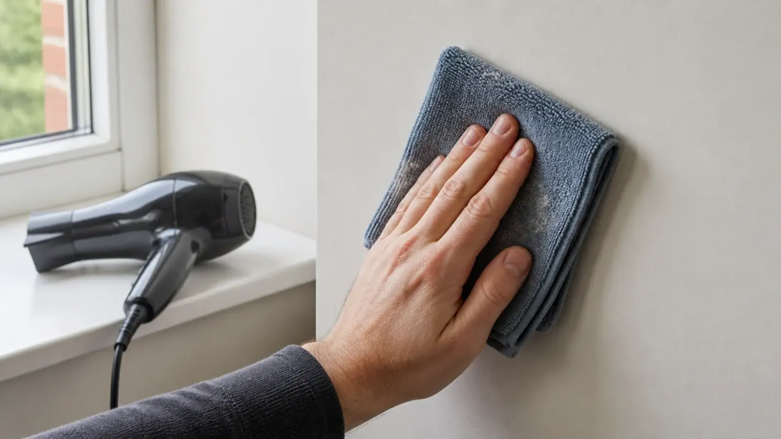 cloth wiping a section of painted wall before fixing clips
