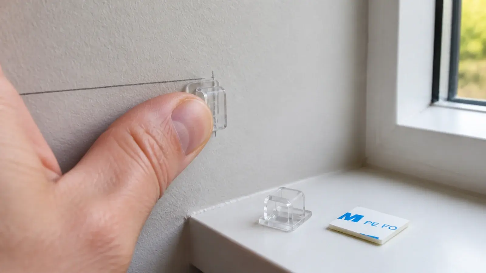 thumb pressing an adhesive clip firmly onto a bedroom wall