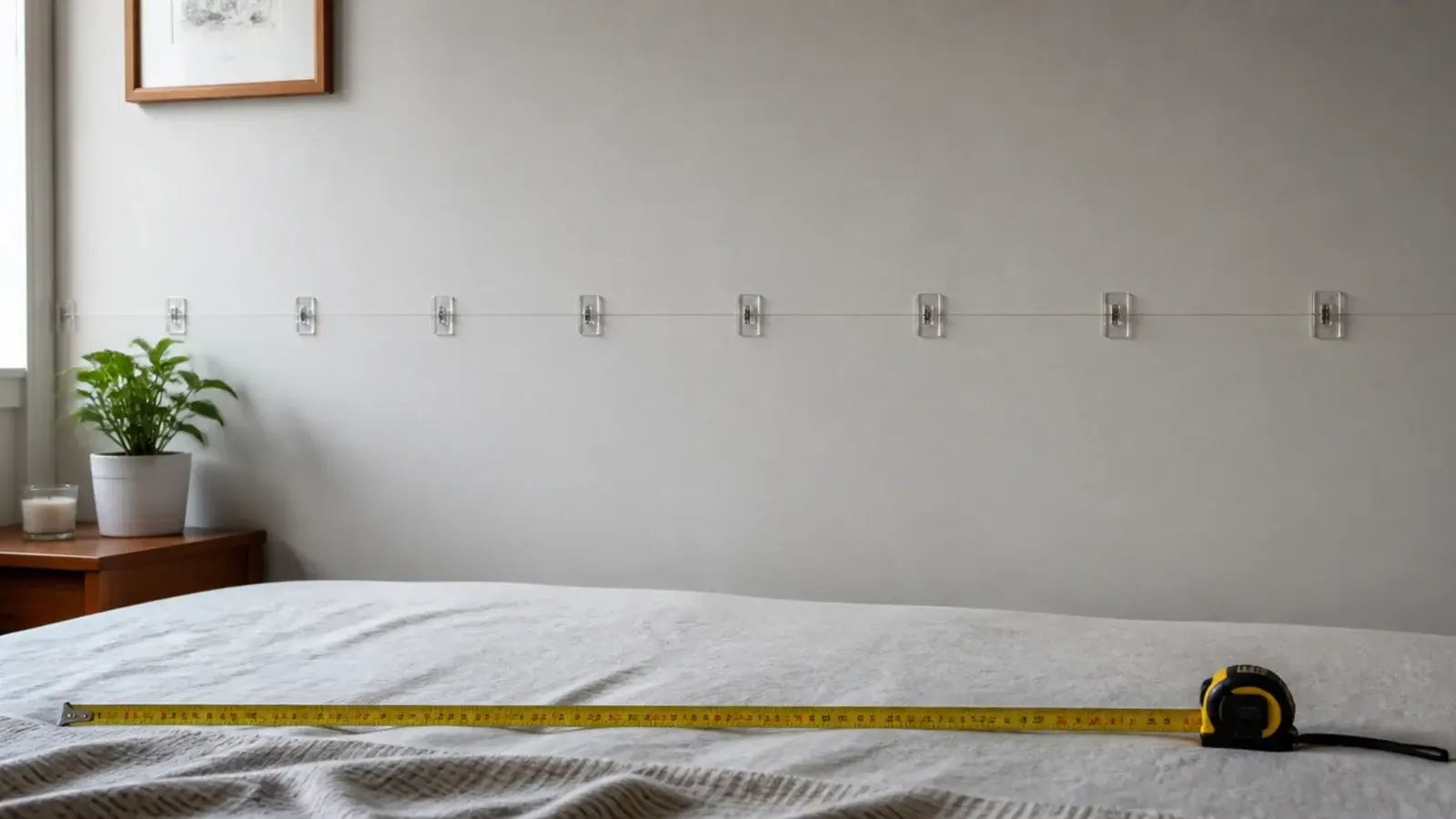 row of evenly spaced clips following a marked line on a wall