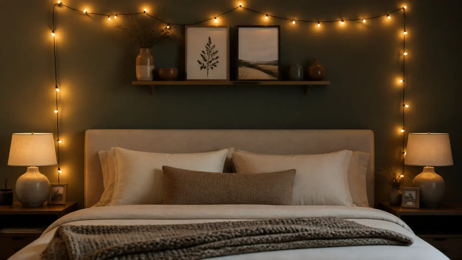 framed prints and a shelf arranged around a lit wall strand