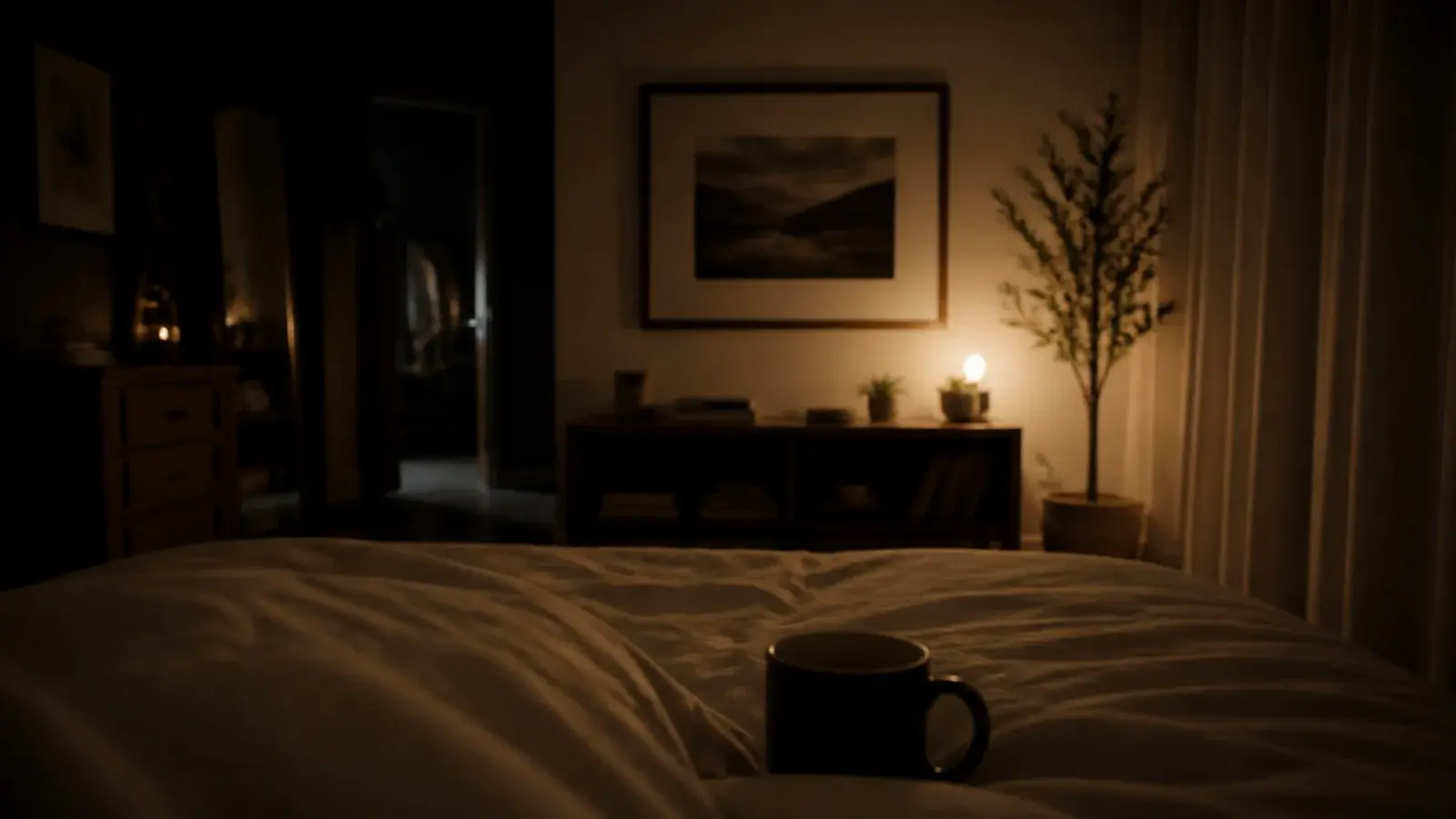 person seated on a bed viewing the finished lit wall at night