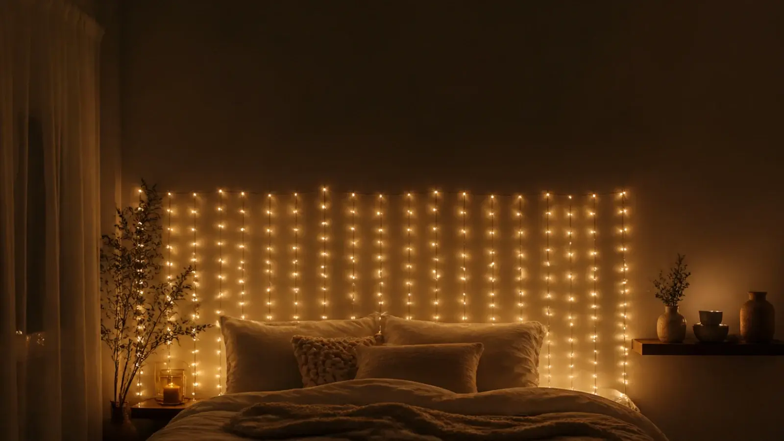 tall view of a finished fairy light feature wall in a dark bedroom