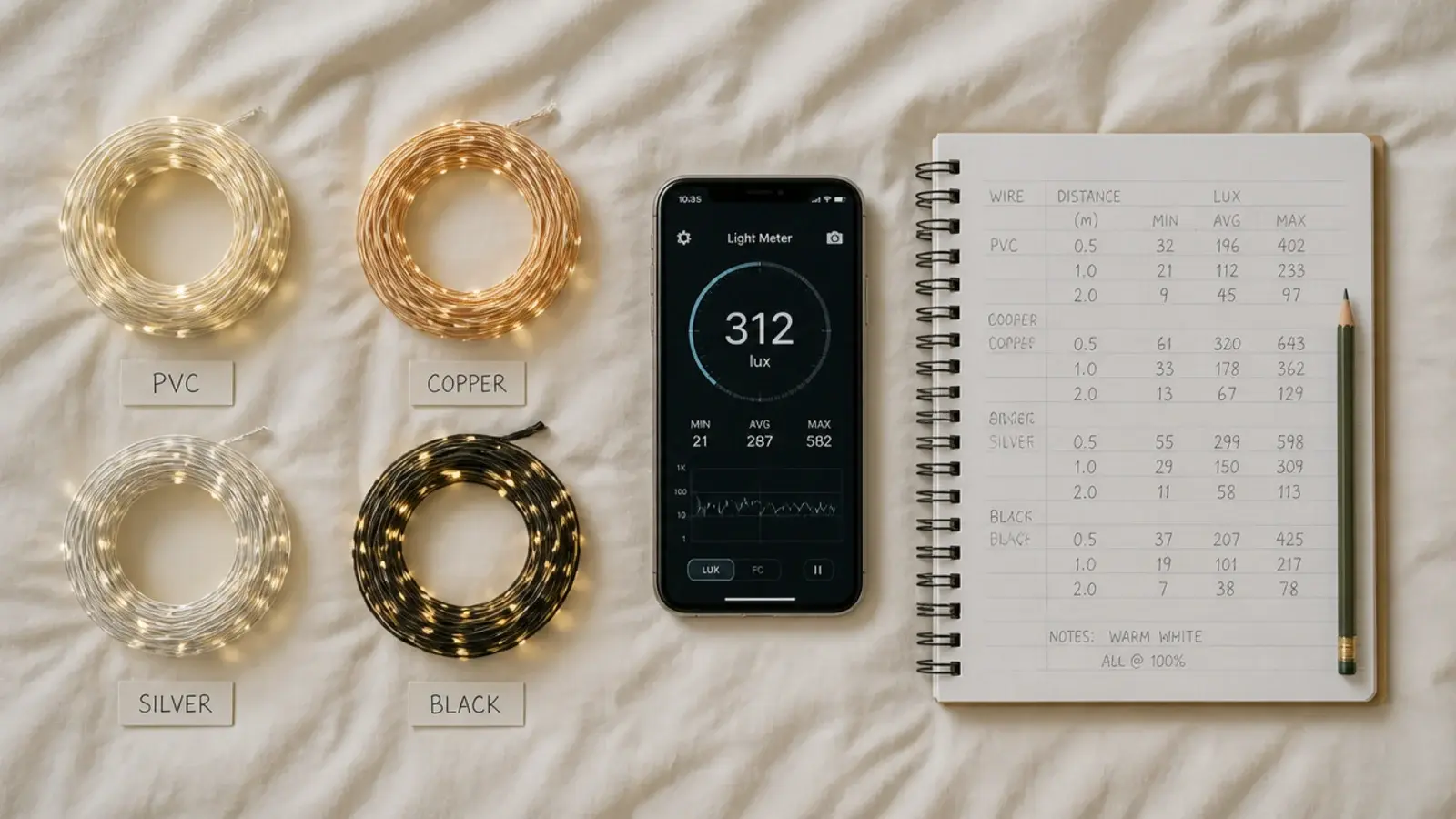light meter phone and notebook beside several unlit light strands