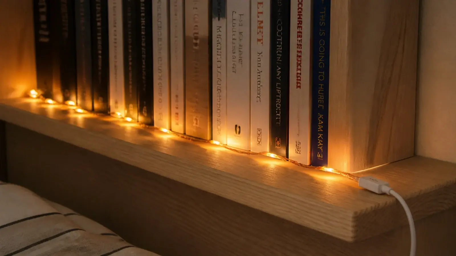 hair fine copper wire strand glowing warm along a bedroom shelf