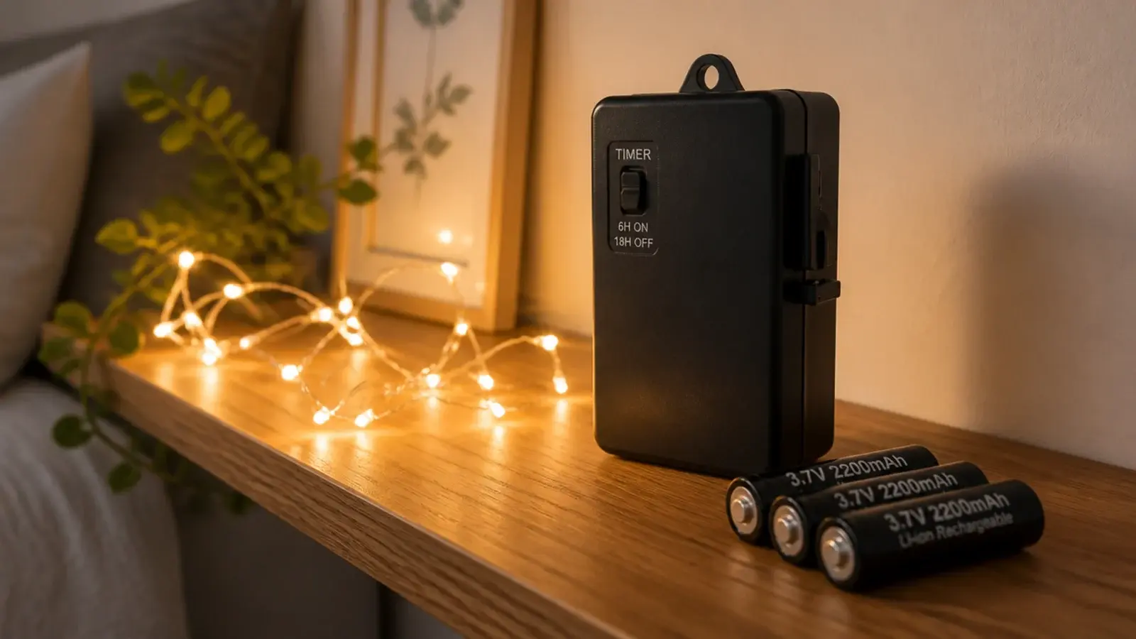 battery light strand with timer pack standing on a bedroom shelf