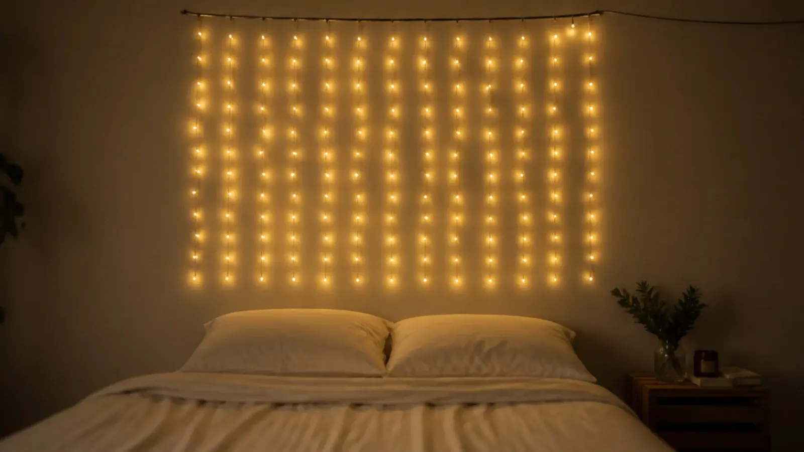 curtain light panel of even drops hung behind a bedroom bed
