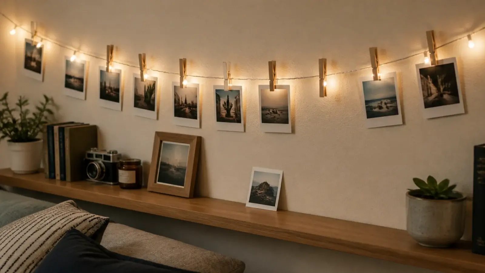 wooden clips along a light strand holding small printed photos
