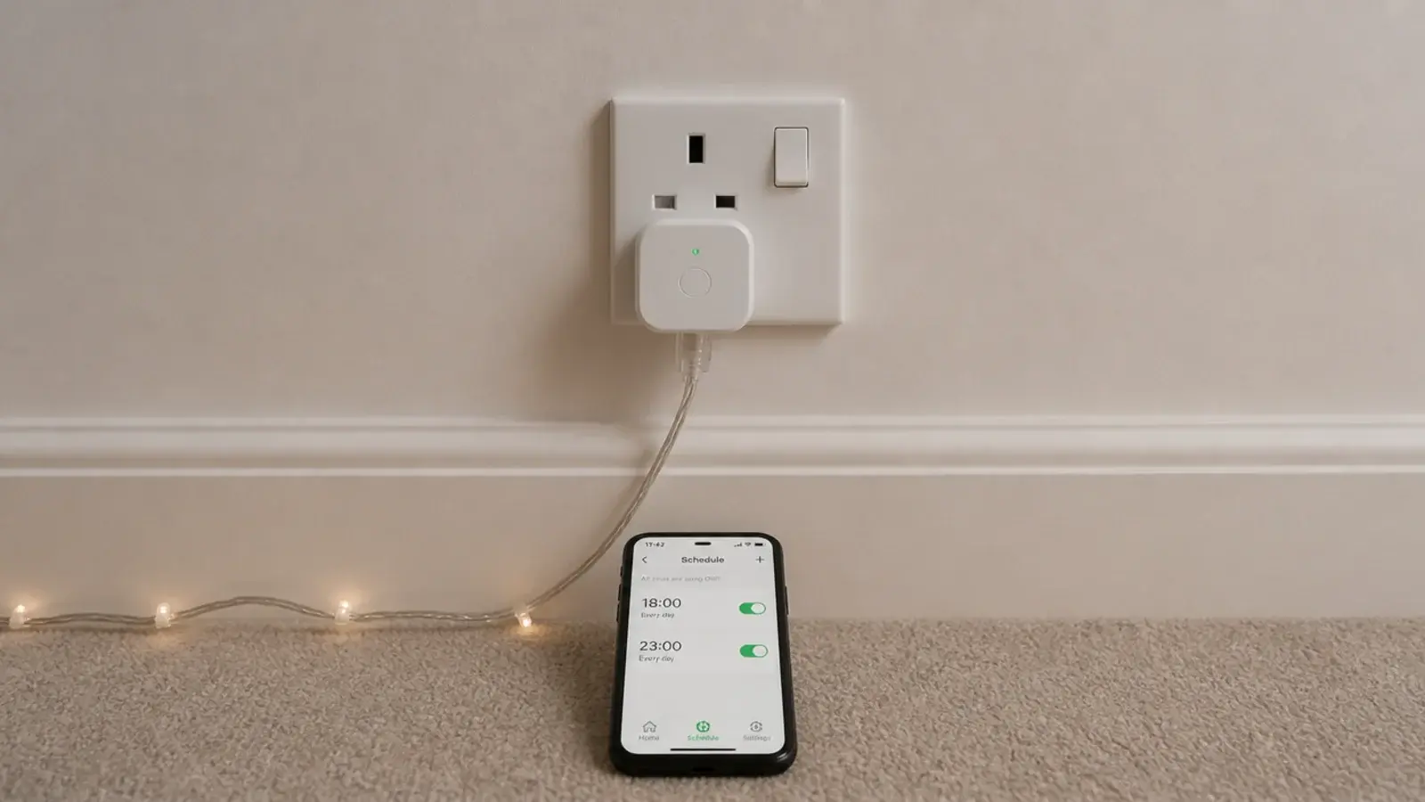 smart plug at a socket controlling a plain warm light strand