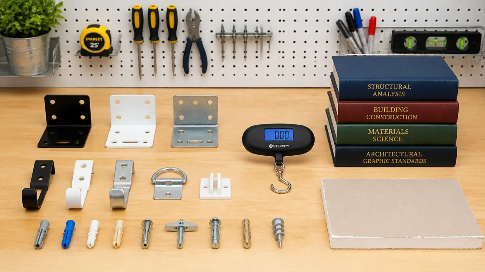 testing bench with shelf brackets anchors and a weight testing setup