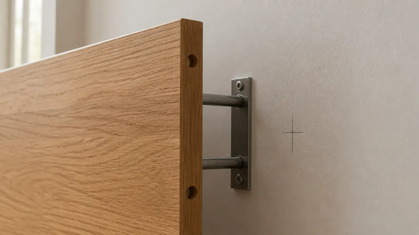 concealed steel rod bracket set into a wall behind a floating oak shelf