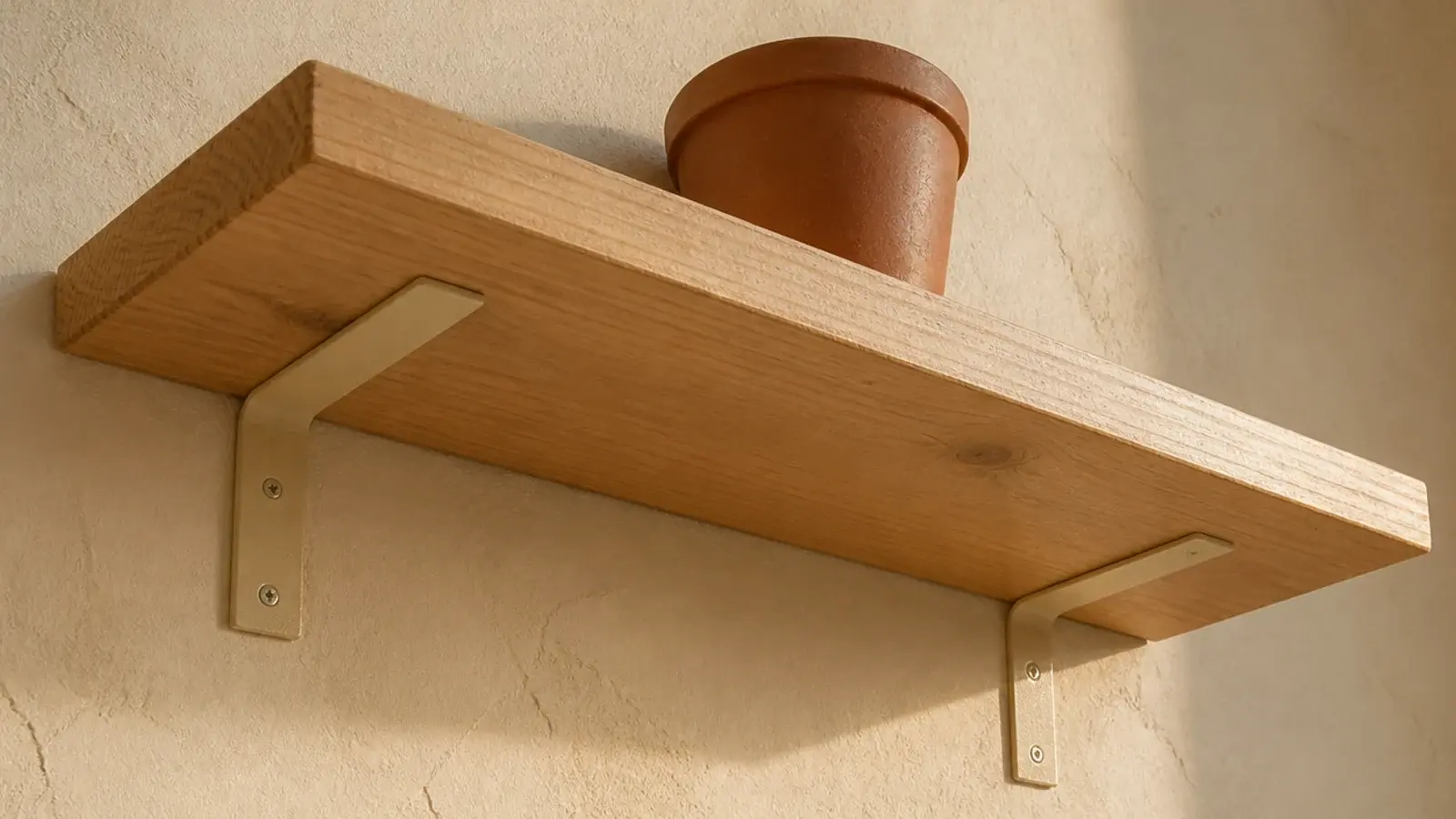 painted L brackets supporting a wooden shelf and blending into the wall