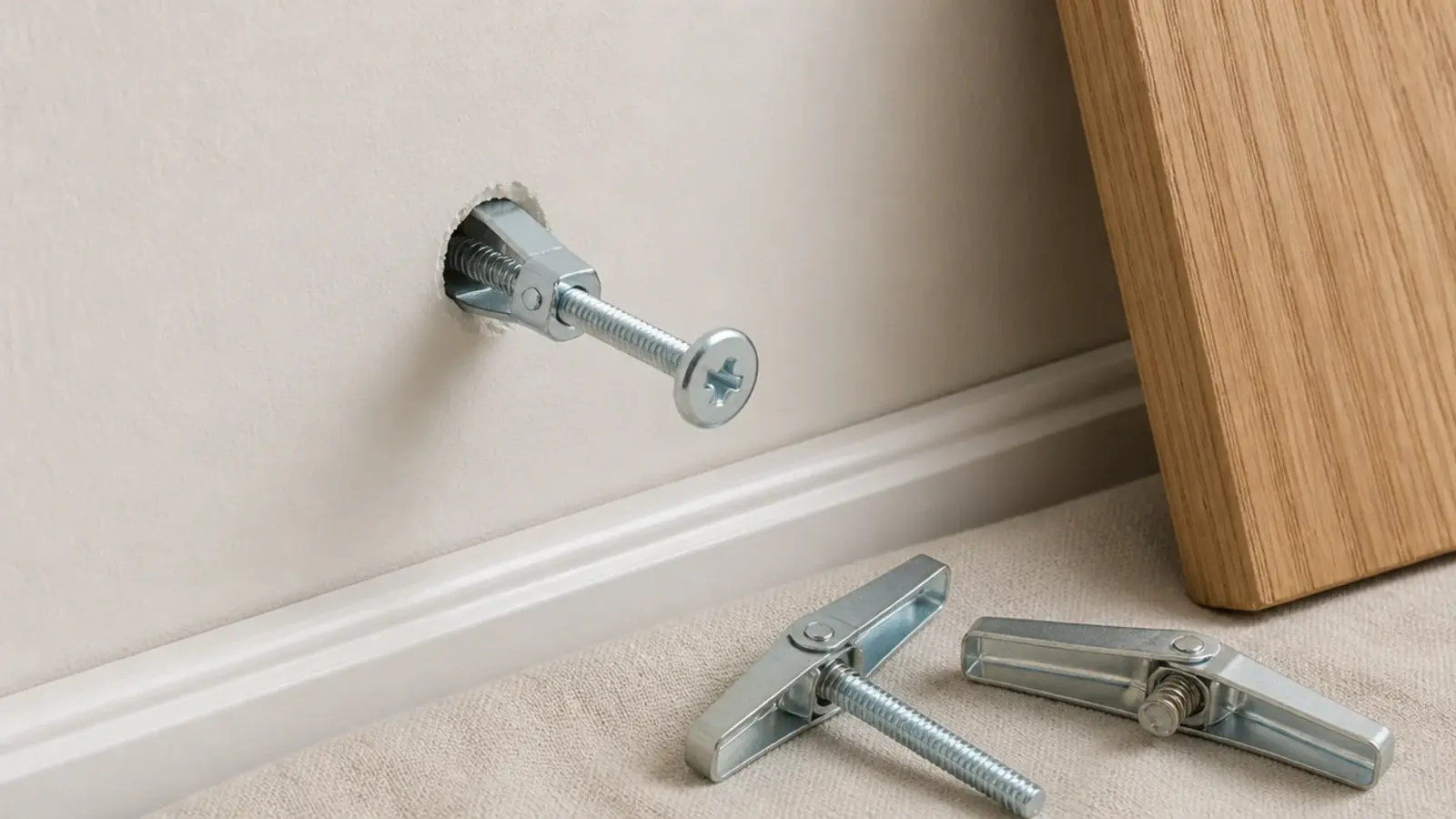 spring toggle bolt half inserted into drywall beside a wooden shelf