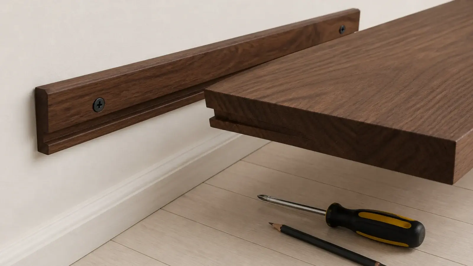 angled french cleat strip on a wall with a matching shelf lifting off