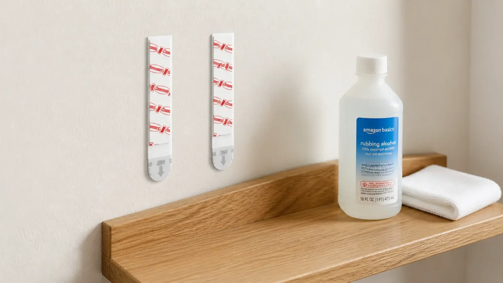 adhesive strips being pressed onto a wall behind a shallow wooden ledge